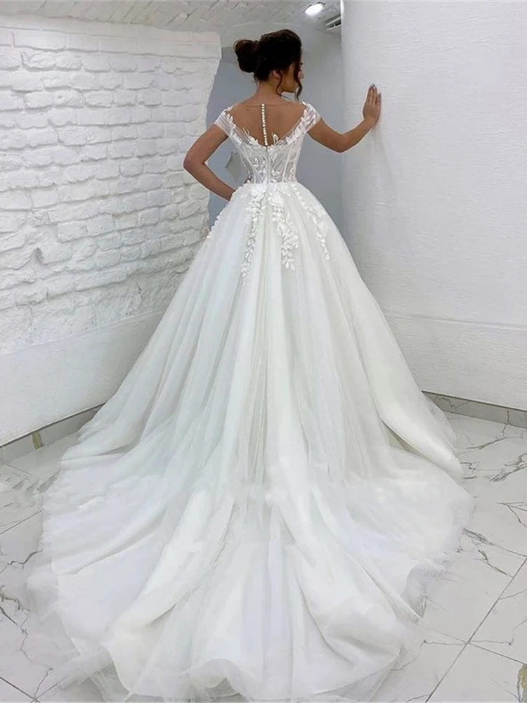 Robe De mariée longue en Tulle pour femmes, col transparent, avec traîne, manches en dentelle, avec boutons au dos