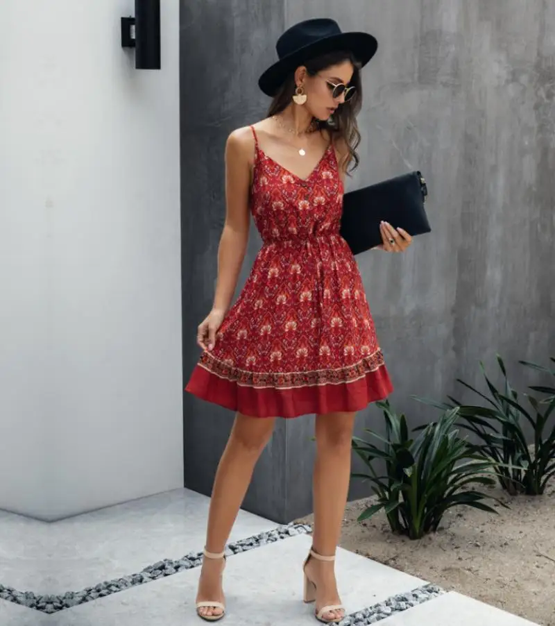 

Summer Women's Floral Button Cotton Mini Skirt Fashion Beach Sexy Sleeve Clothes Women's Red Sling Dress