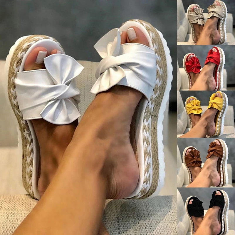 

KAMUCCWomen Bowknot Sandals 2021 Summer Casual Daily Comfy Slip On Platform Sandals Women's Toe Breathbale Weave Sandals