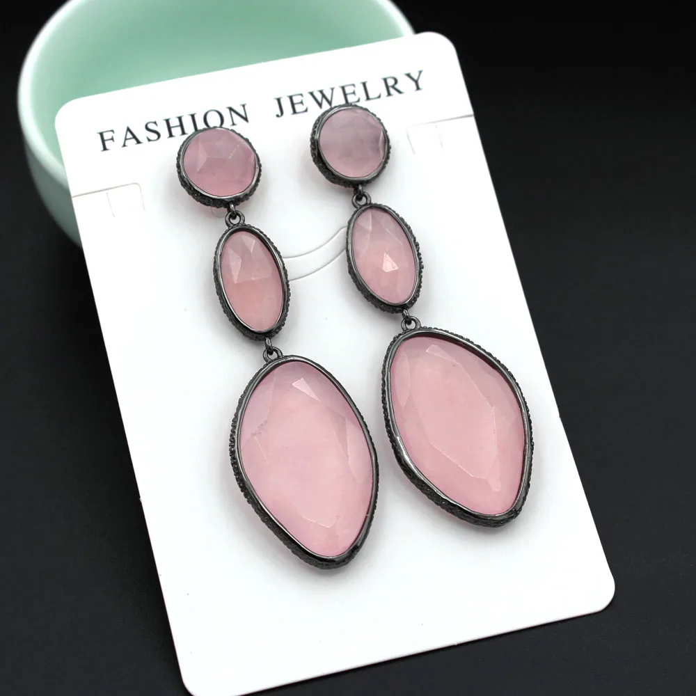 

6pairs Women Trendy Geometric Triple Stones Drop Earrings ZA OL Style Rose Quartz Jade Stone Earrings Eith Golden Edges Brincos