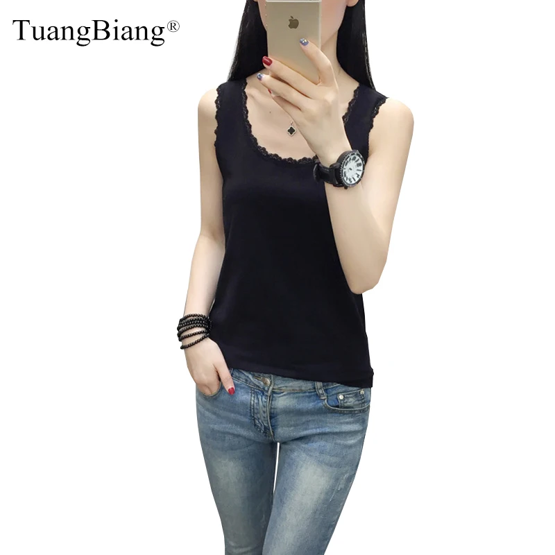 2020 Summer Lace Women sleeveless T Shirts Ladies Autumn O-Neck Slim T-shirt Female White Black Sexy Vest Solid color Lace Top