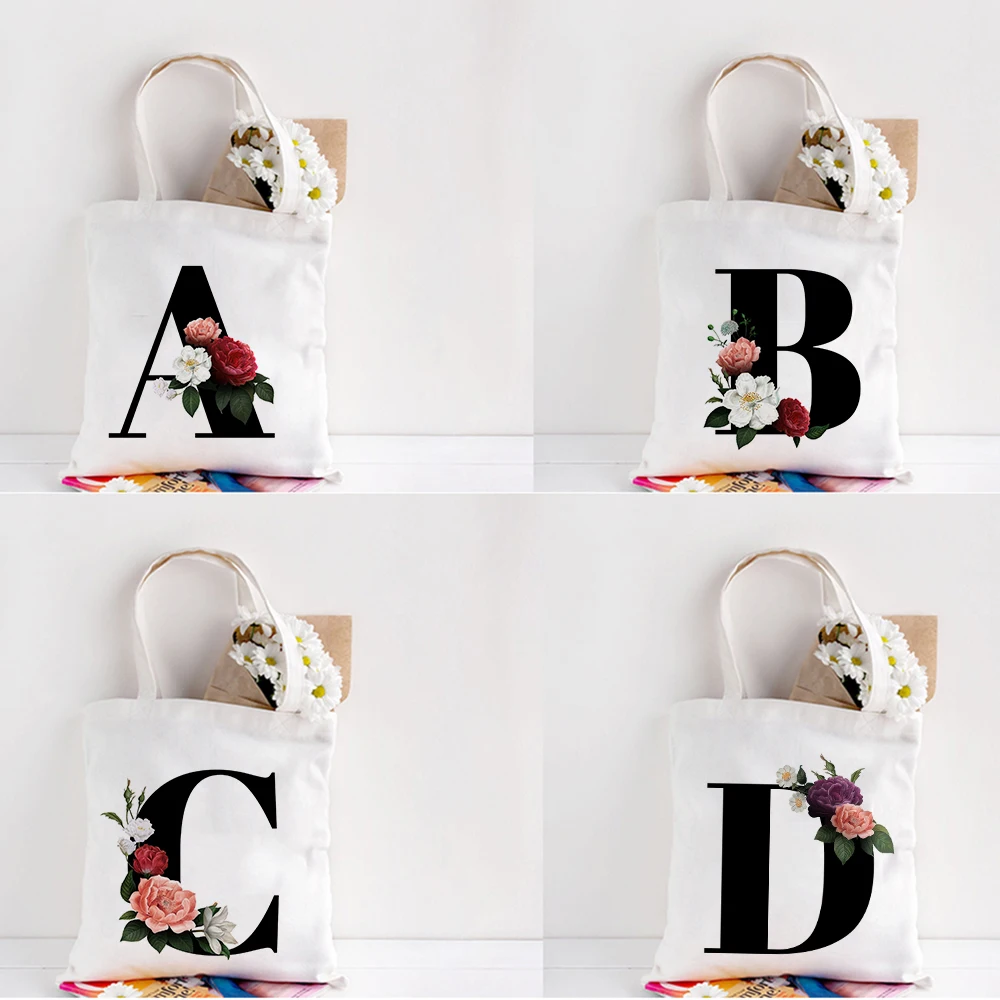 

Cartoon Flower English Alphabet Harajuku Women Canvas Shoulder Bag Graphic Shopping Bags 90s Fashion Ulzzang Kawaii Handbags