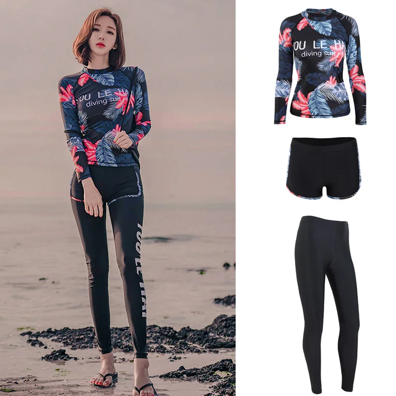 Full Surf Swim Dive Bathing Suits for Women, Long Sleeve Shirt, Rash Guard Shorts, Leggings Tracksuit, Basic Skins,  3Pcs Set