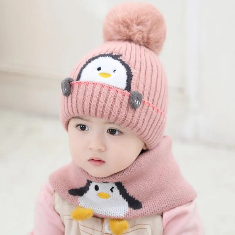 Doitbest-Conjuntos de gorros de 1 a 4 años para niños y niñas, conjunto de gorros y bufandas con diseño de pingüino bonito, de invierno, de 2