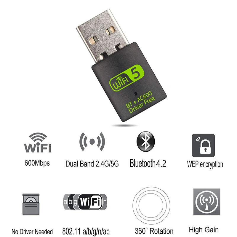 USB WiFi Bluetooth Adapter AC600 Dual Band 2.4/5Ghz Wireless External Receiver Mini WiFi Dongle for PC/Laptop/Desktop