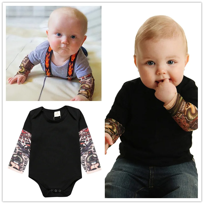 

HOOYI Baby Boy Clothes Fake Tattoo Print Bodysuits Children's Patchwork Clothing Newborn Tops Long Sleeve Black Shirts