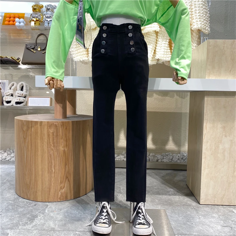 New Brand Original Design 2021 Heavy Industry Double Breasted High Waist Jeans Vintage Elastic Leg Pants Nine Point Pencil Pants