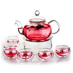 800ML Borosilicate Heat-resistant Glass Tea Pot Set Infuser Teapot Warmer With Strainer Flowers 6 Double Wall Teaware Home Gift