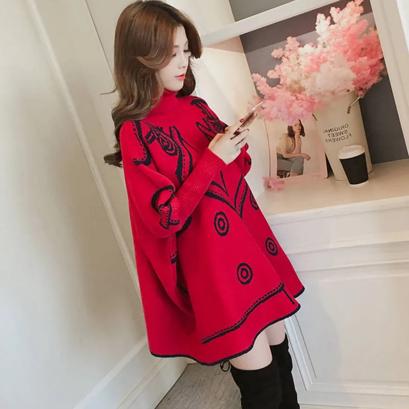 2023 Autumn And Winter New Korean Version Of The Long Section High Collar Pullover Sweater Cloak Sweater Female Bat Shirt Coat