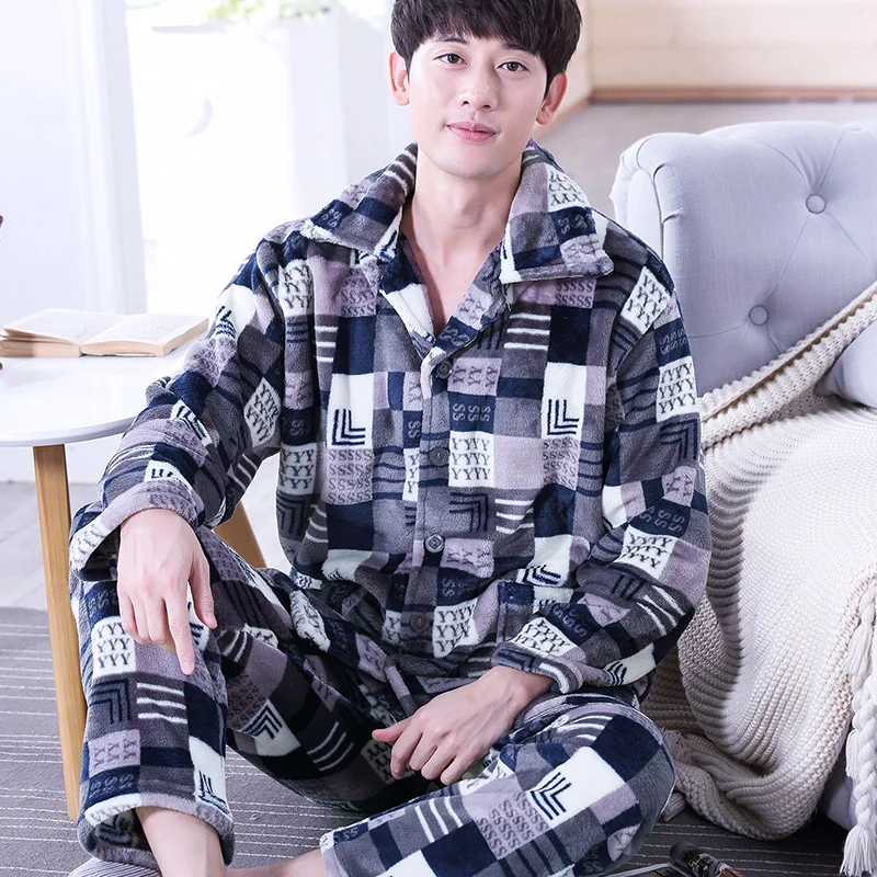 H5750 Autumn Winter Coral Fleece Pajamas Men Long Sleeve Cute Flannel Home Wear Suit Male Turn Down Causal Leisure Sleepwear