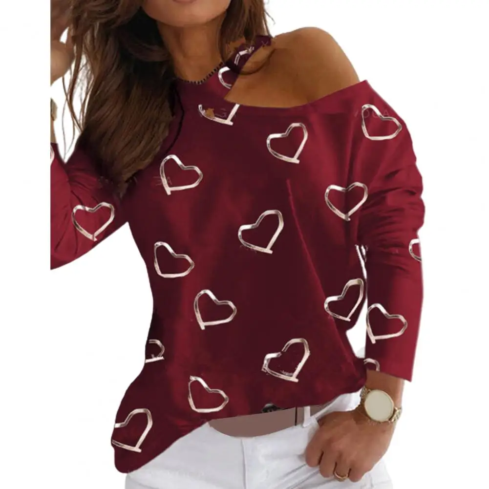 Sexy Women One Shoulder Pullover Female Knit Blouse Women Long Sleeve Hollow Out Blouse Love Heart Print One Shoulder Pullover