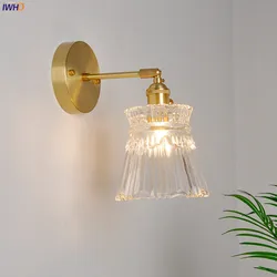 IWHD Japanese Copper Glass Wall Lights Fixtures Switch Bedroom Beside Stair Mirror Light Nordic Modern Wall Lamp Sconce LED