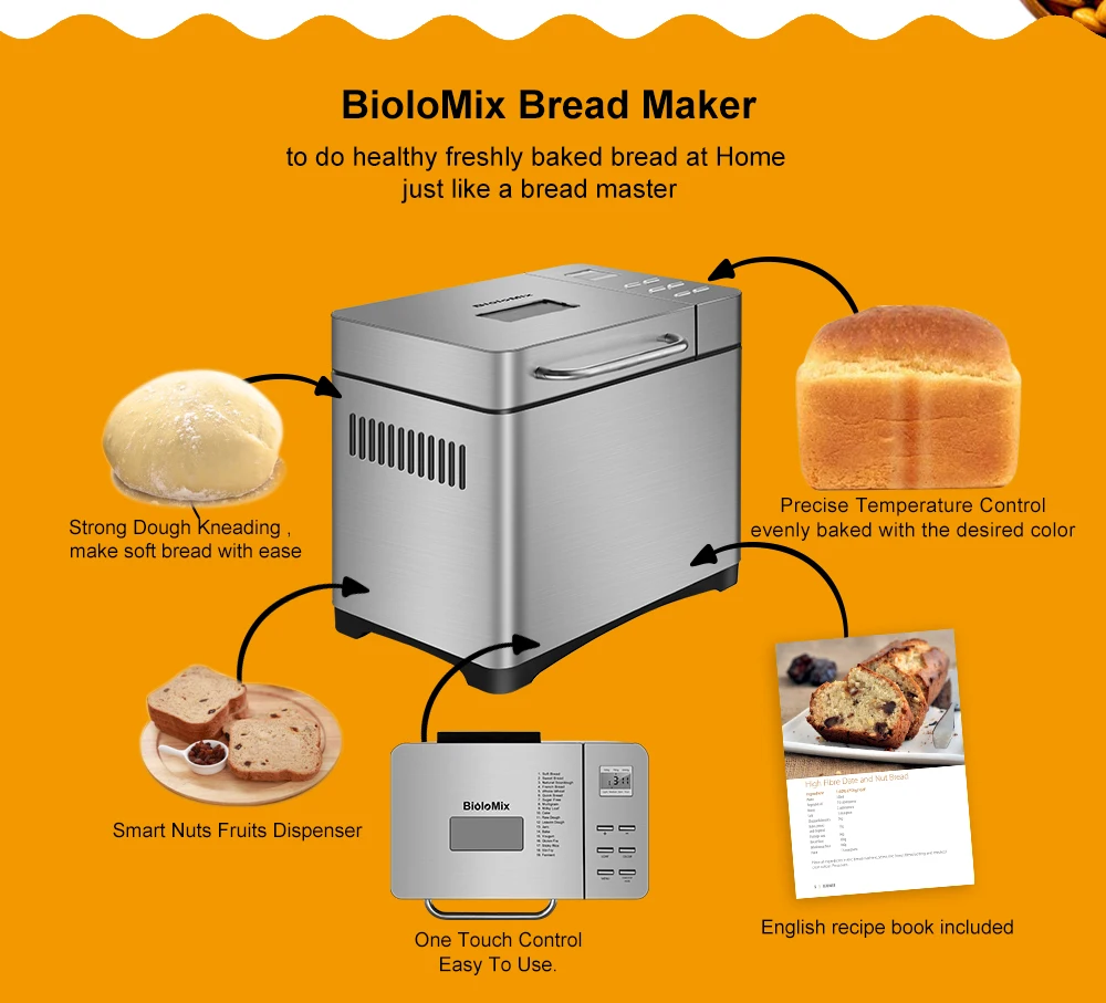 1KG 19-in-1 Automatischer Brotbackautomat aus Edelstahl 650W Programmierbar mit Frucht- und Nuss-Spender Küchengerät – Detail 3