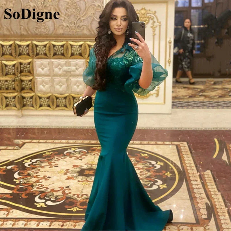 SoDigne Green Arabic Evening Dresses Sequined Satin Mermaid Prom Gown Short Puff Sleeves Mother of Bride Long Party Dress