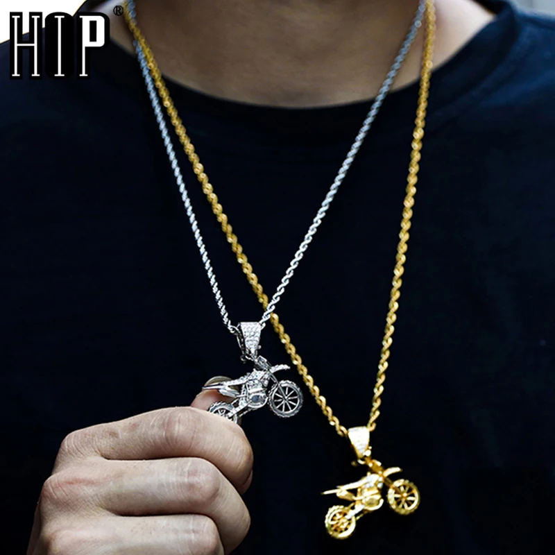 HIP Hop Full AAA Iced Out Bling CZ Cubic Zircon Copper Cool Motorcycle Pendants & Necklaces For Men Jewelry Wholesale