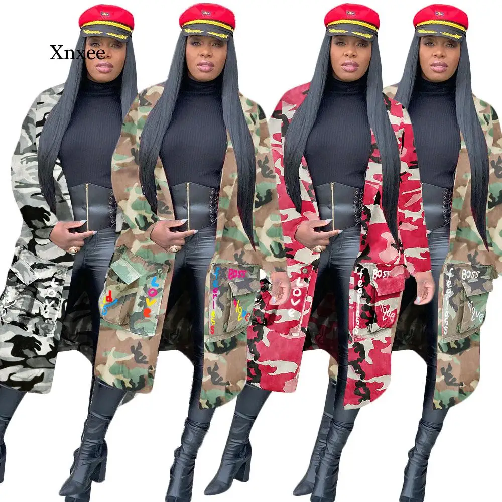 oversized coat Camouflage midi Trench Coat Women spring Casual Letter Print Outwear fall Pockets Long Sleeve  Overcoat