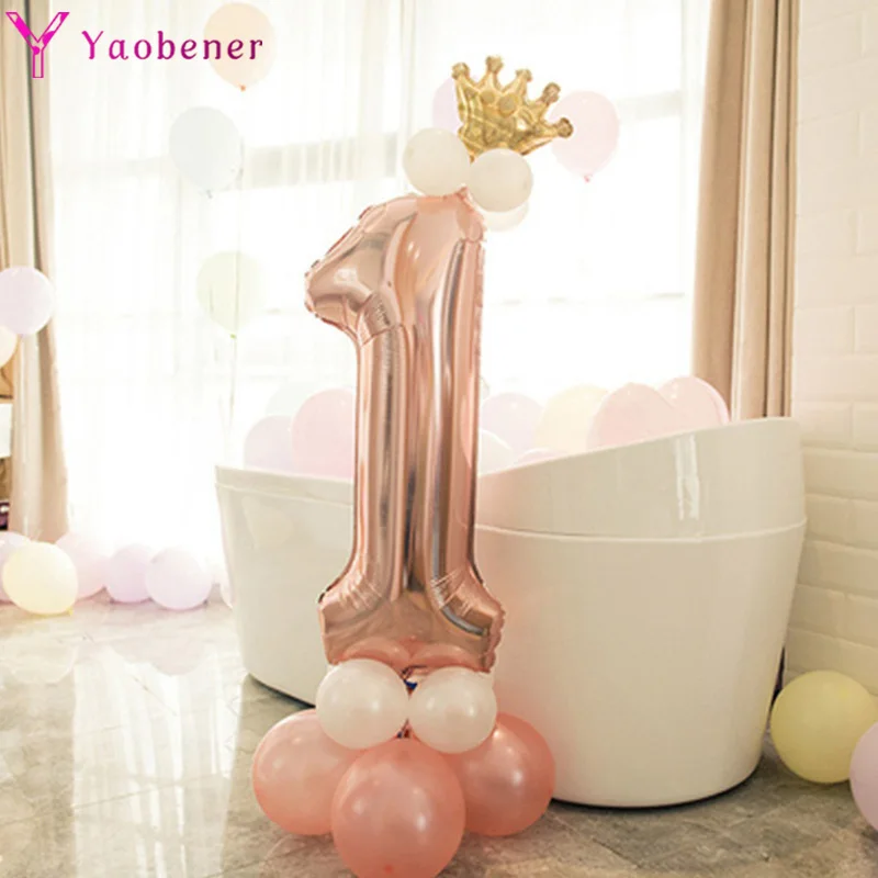 First Happy Birthday Decoration Rose Gold Number Column Balloons Adult Kids Boy Girl Baby My 1st One Year Party Banner Supplies