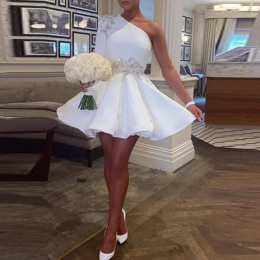 2025 Customized One Shoulder Short Wedding Dress Appliques Sequins Sleeves Women Bridal Party Gown Vestidos De Noiva