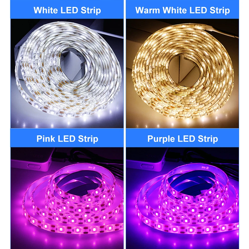 Imagem -02 - Usb Conduziu a Luz de Tira 1m 2m 3m 4m 5m Branco Morno Branco Rgb Led Strip 2835 tv Decoracion de Iluminação de Fundo Luzes de Fadas. 5v