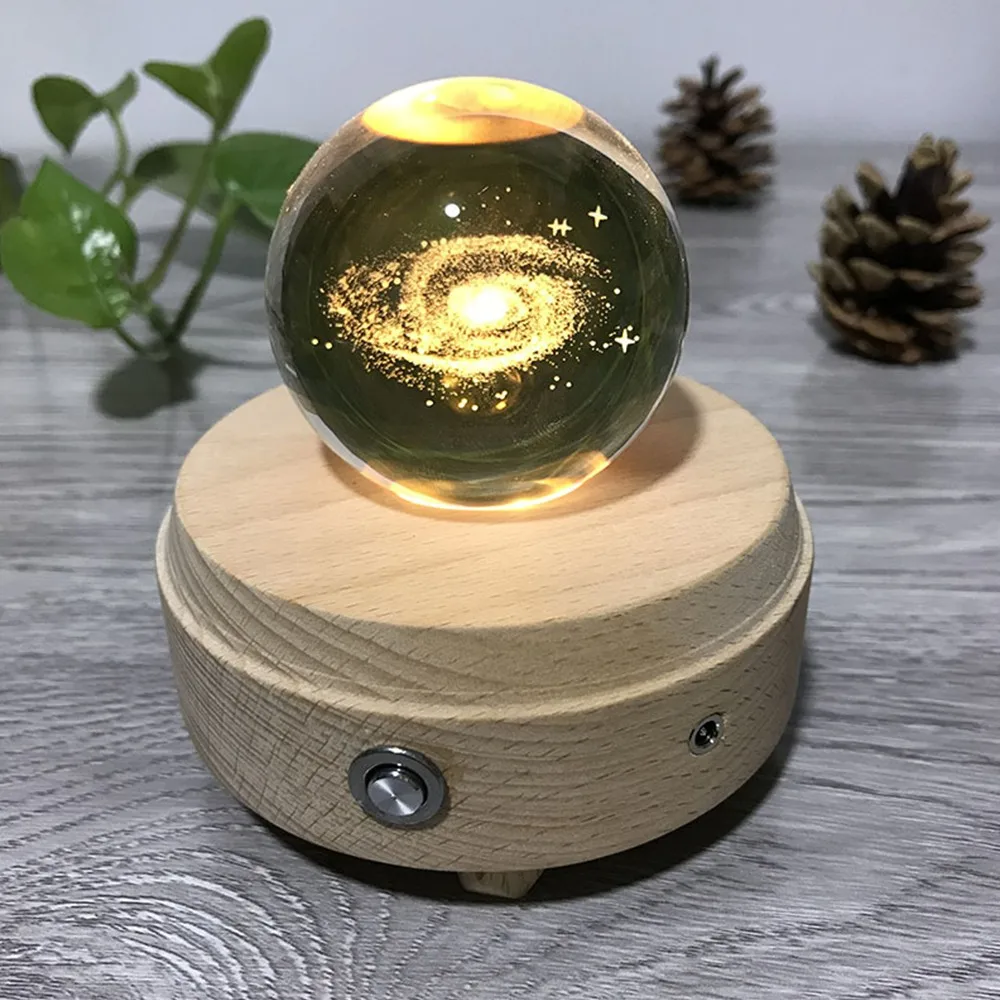 LED Night Light With Speaker Wood Base Crystal Ball Music Box Projector Rechargeable Battery Built In Birthday Gift