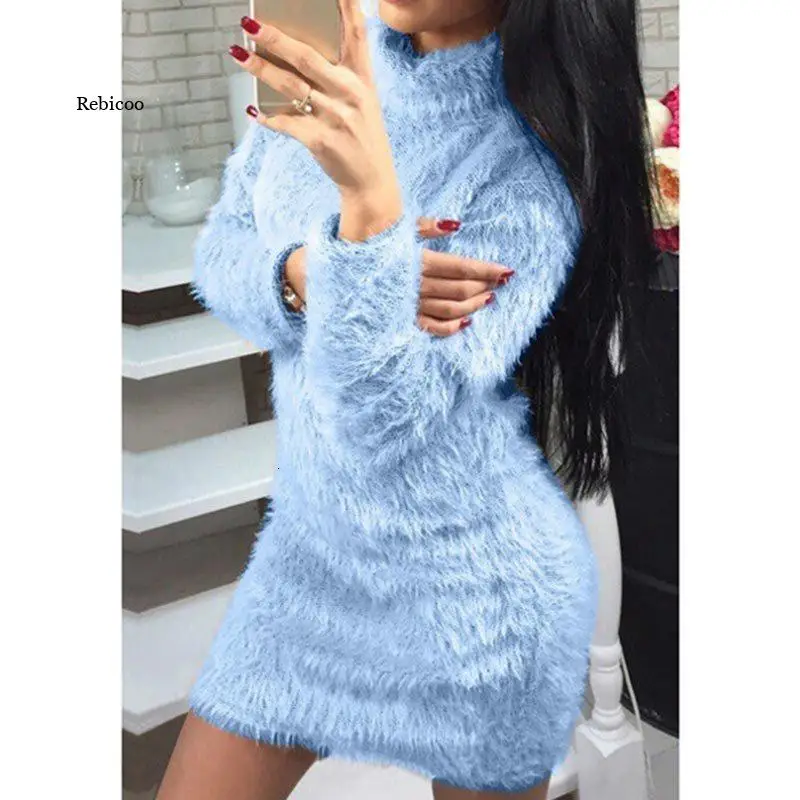 

Women Autumn Winter Long Sleeve Turtleneck Faux Fur Fluffy Bodycon Dress Sexy Party Club Night Sheath Mini Dress 2019