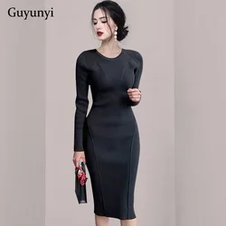 Warm Knit Pullover Pencil Dress Spring Plain Temperament Elegant O-Neck High Waist Tight Office Lady Sweater Dress