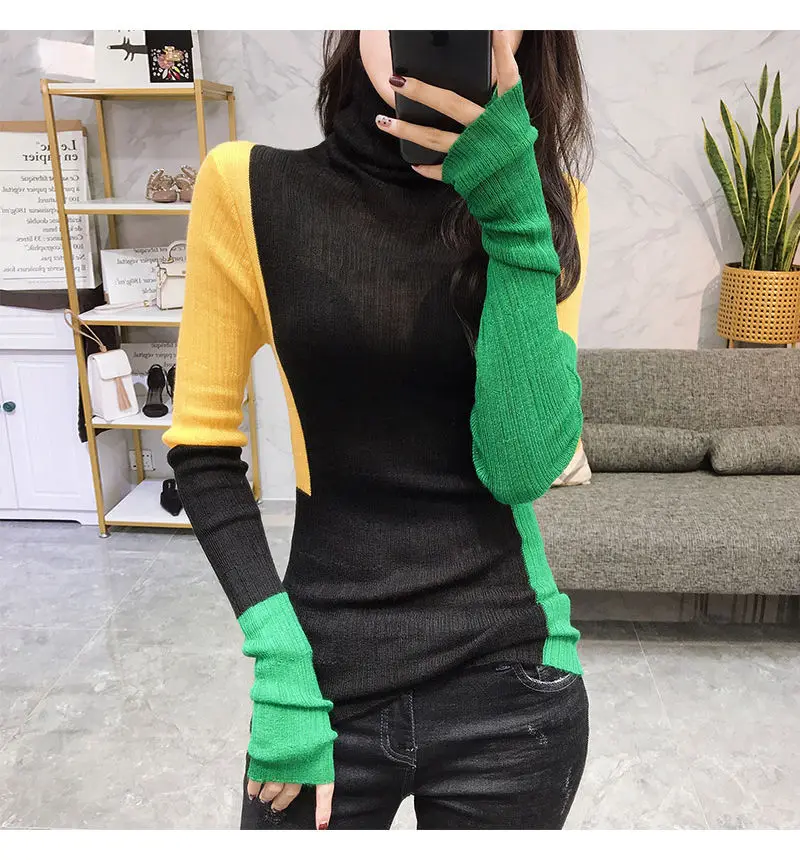 New Spring Autumn Long Sleeve Women's Color Block Contrast Casual Sweaters Knitted Turtleneck Basic Tops Pullovers NS583