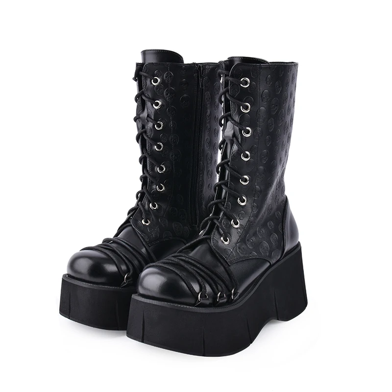 

Fashion Winter Women Gothic Skull Print Motorcycle Boots Female Foam Platform High Hoof Heel Shoes Lacing Punk Middle Boots