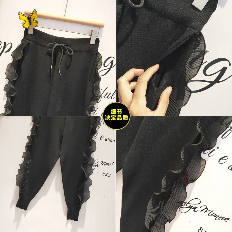 Pantalones bombachos negros a la moda para Mujer, pantalón de chándal holgado de estilo coreano Harajuku con parche de volantes, informal, de