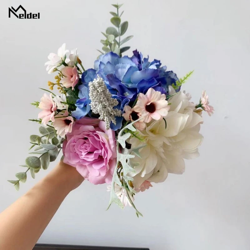 Meldel Brautjungfer Bouquet Hochzeit Blume Künstliche Seide Rose Blume Bouquet Hortensien Dahlie Eukalyptus Blätter Hochzeit Bouquets