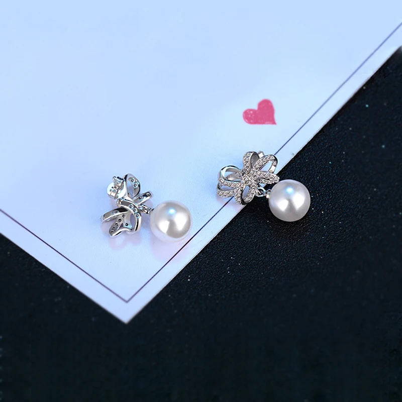 New Fashion Rosette Rhinestone Drop Earrings 925 Sterling Silver Bowknot Pearl Pendant Earring Charm Ear Stud Women Jewelry Gift