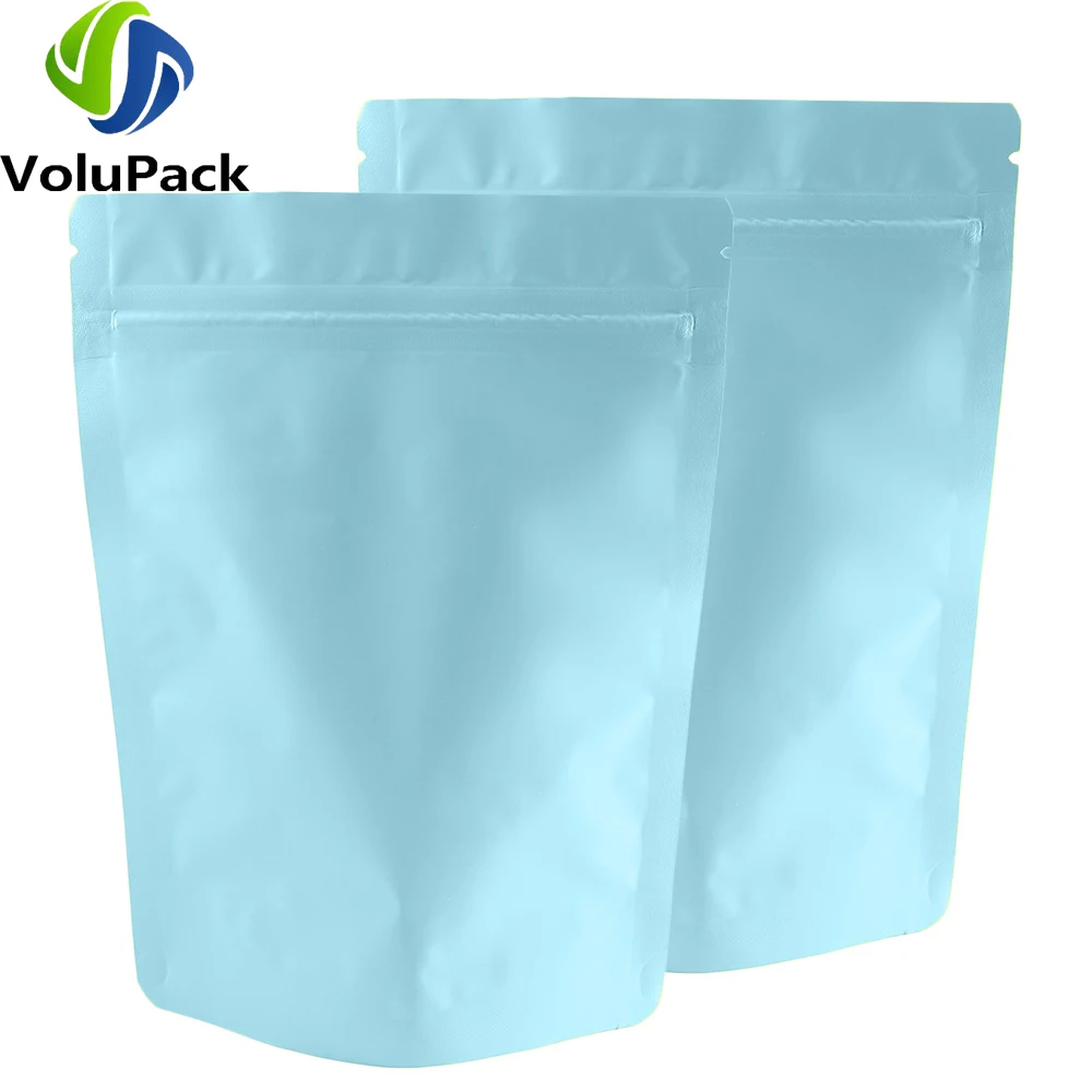 Reusable Metallic Mylar Smell Proof Packaging Bags,Matte Blue Heat Sealing Zipper Clip Storage Bags, Stand Up Tear Notch Pouches