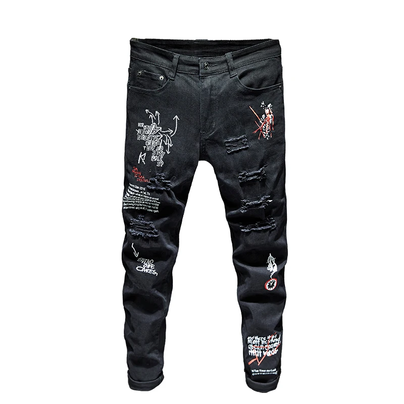 New Men Streetwear personality Ripped printed white skinny Jeans Hip Hop Punk Casual motorcycle stretch denim jeans trousers