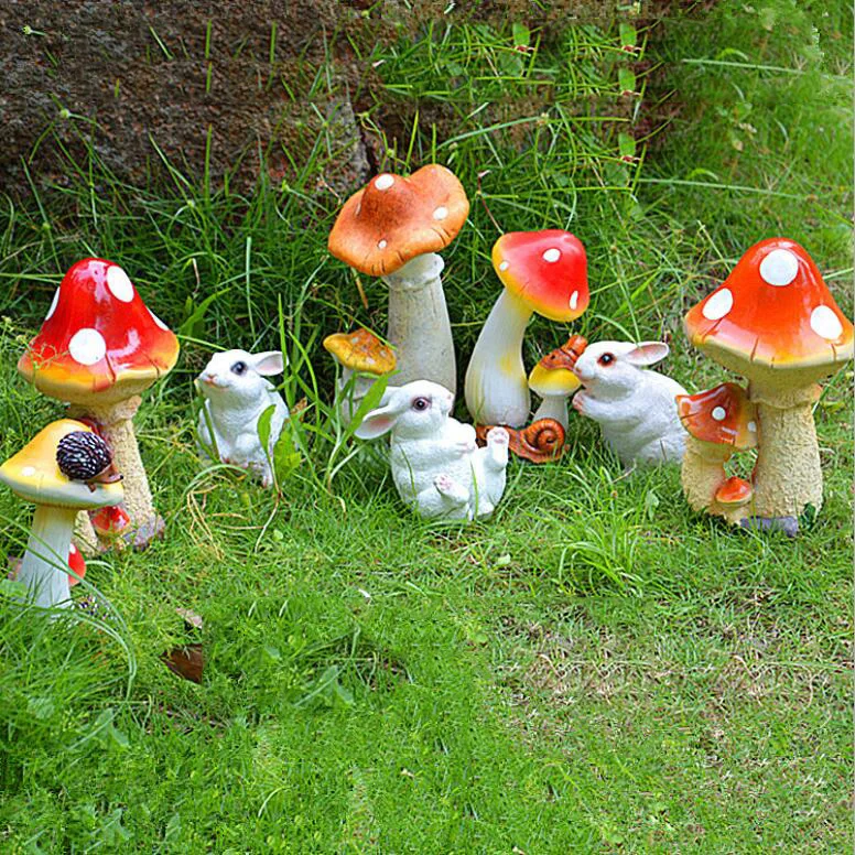 Pastoral Resin Cute Simulation Frog Mushroom Ornaments Balcony Lawn Sculpture Crafts Outdoor Garden Rabbit Accessories Decor Art