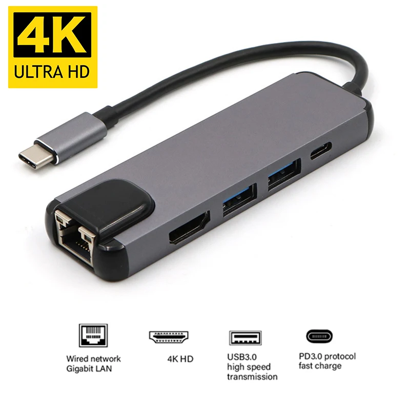 USBC to RJ45 HDMI-compatible USB 3.0 Type C Port Hub Gigabit Ethernet Lan 4K for Macbook Pro Air Thunderbolt 3 USB-C Charger