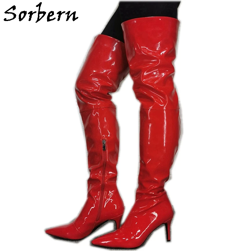 

Sorbern Red Mid Thigh High Footwear For Women Boots Side Half Zipper Kitten Heels Pointed Toe Custom Wide Fit Slim Fit Boots