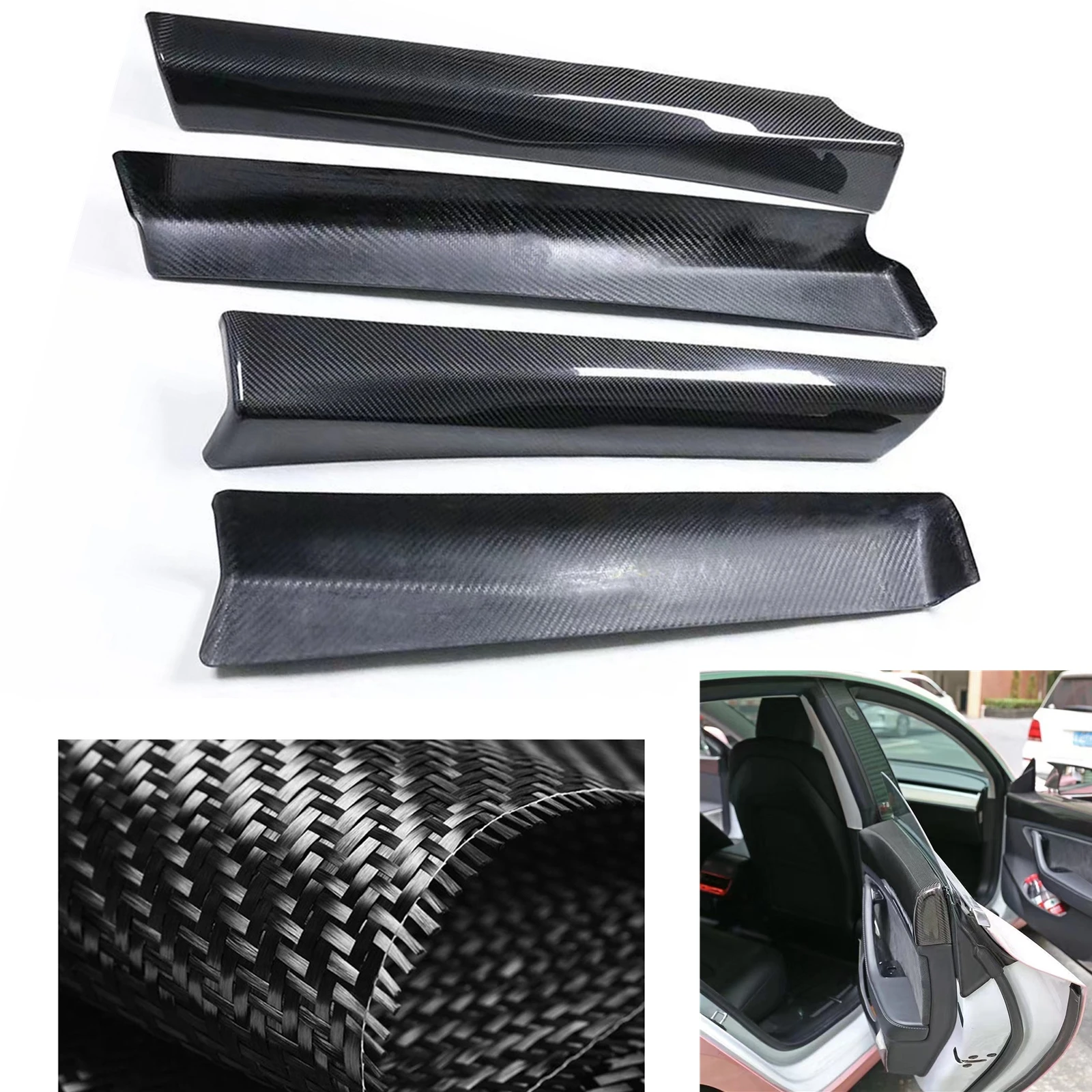 For Tesla Model 3 2016-2020 Car Interior Door Panel Cover Strip Trim Real Luxury Carbon Fiber Handle Side Armrest Board Sticker