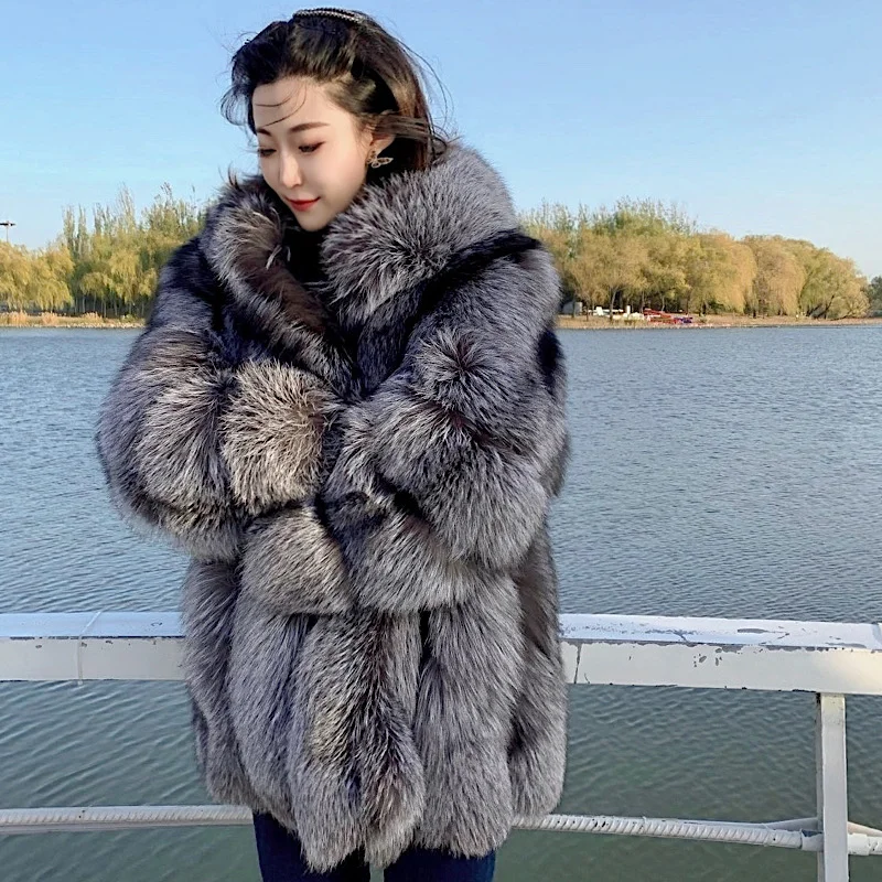 2021 New Luxury Silver Fox Fur Hooded Coats Women Winter Warm Outerwear High Quality Genuine Fox Fur Thick Fur Coat