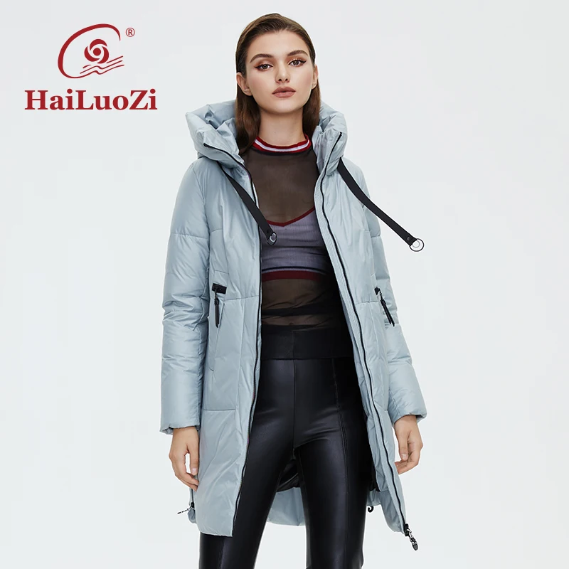 HaiLuoZi 2022 New Women's Winter Coat Fashion Side Zipper Women Jacket High Neck Hooded Unique Design Lady Elegant Parka 6028