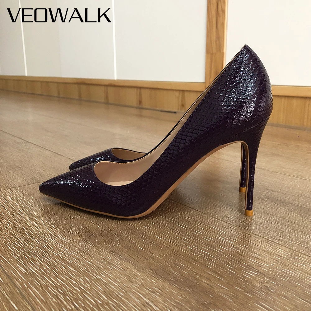 

Veowalk Deep Purple Snakeskin Women Pointed Toe Sexy Stiletto Pumps 8cm 10cm 12cm High Heel Party Shoes Large Size 33 43 44 45