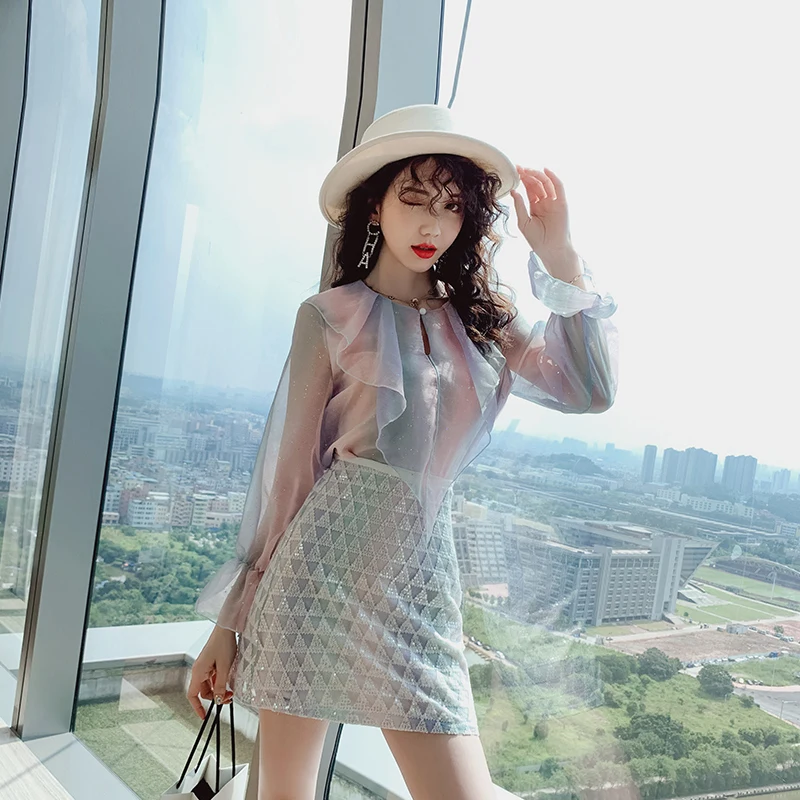 BLLOCUE 2020 Spring New Ruffled Iridescent Long-Sleeved Shirt + High-Waist A-line Skirt Two-piece Fashion Suit Women's Clothing