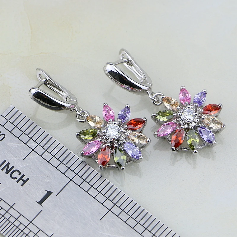 Flower Multicolor Stones Cubic Zirconia 925 Sterling Silver Jewelry Sets For Women Earrings/Pendant/Necklace/Ring/Bracelet