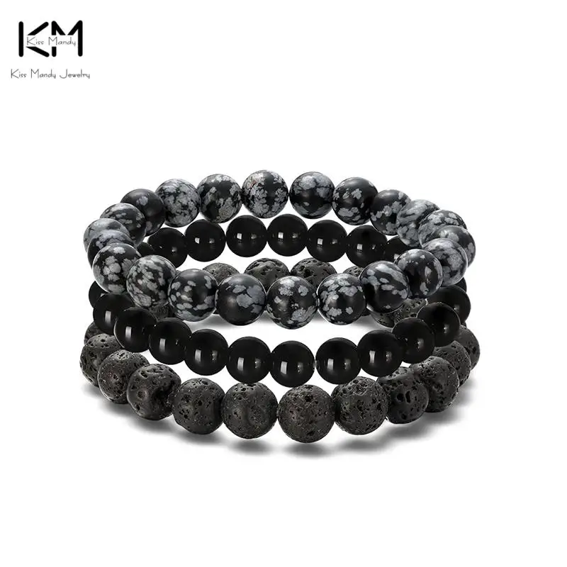 

KISS MANDY 8mm Natural Stone Bracelet Sets 3Pcs/set Obsidian Onyx Hematite Elastic Bracelets For Women Men Energy Jewelry GMB38