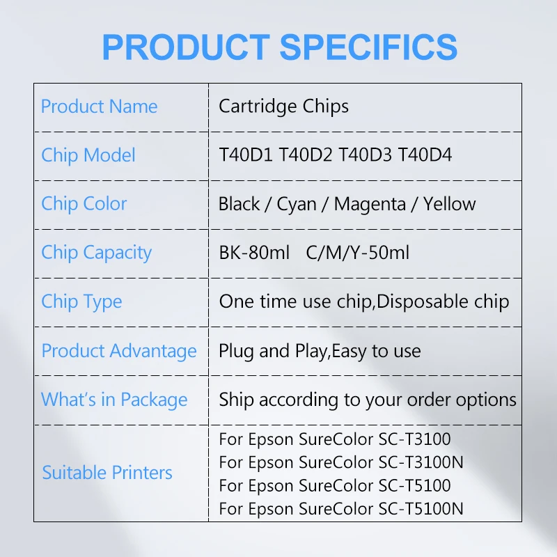 New T40D1 T40D4 T40D Ink Cartridge Chip For Epson SureColor T3100 SC-T3100 SC-T3100N T5100 SC-T5100 SC-T5100N Printer Chips