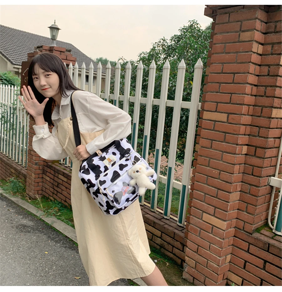 2022 New Lovely Cow Spotted Women Backpack Female Suede Multi-function Travel Bag Transparent Front Pocket Small Schoolbag