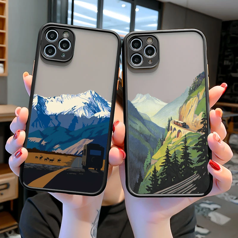 Aesthetic Art Hand Painted Pattern Mountain Scenery Phone Case for iphone 11 12 13 14 15 Pro Max 15 14 7 8 Plus SE X XR XS Cover