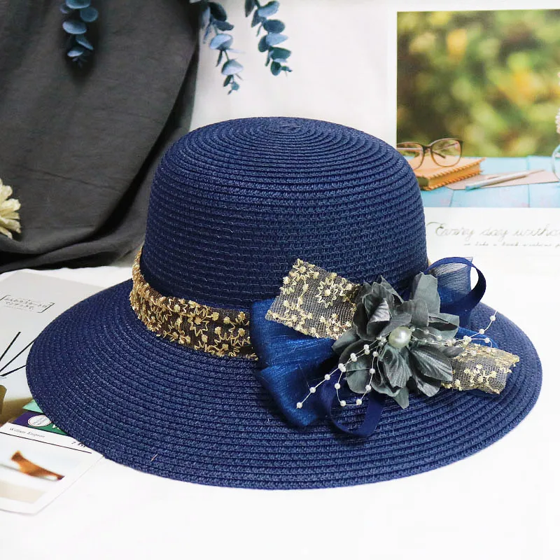 Fashion Mother Daughter Hat Lady Wide Large Brim Floppy Summer Beach Sun Straw Hat Cap with flower Free Shipping