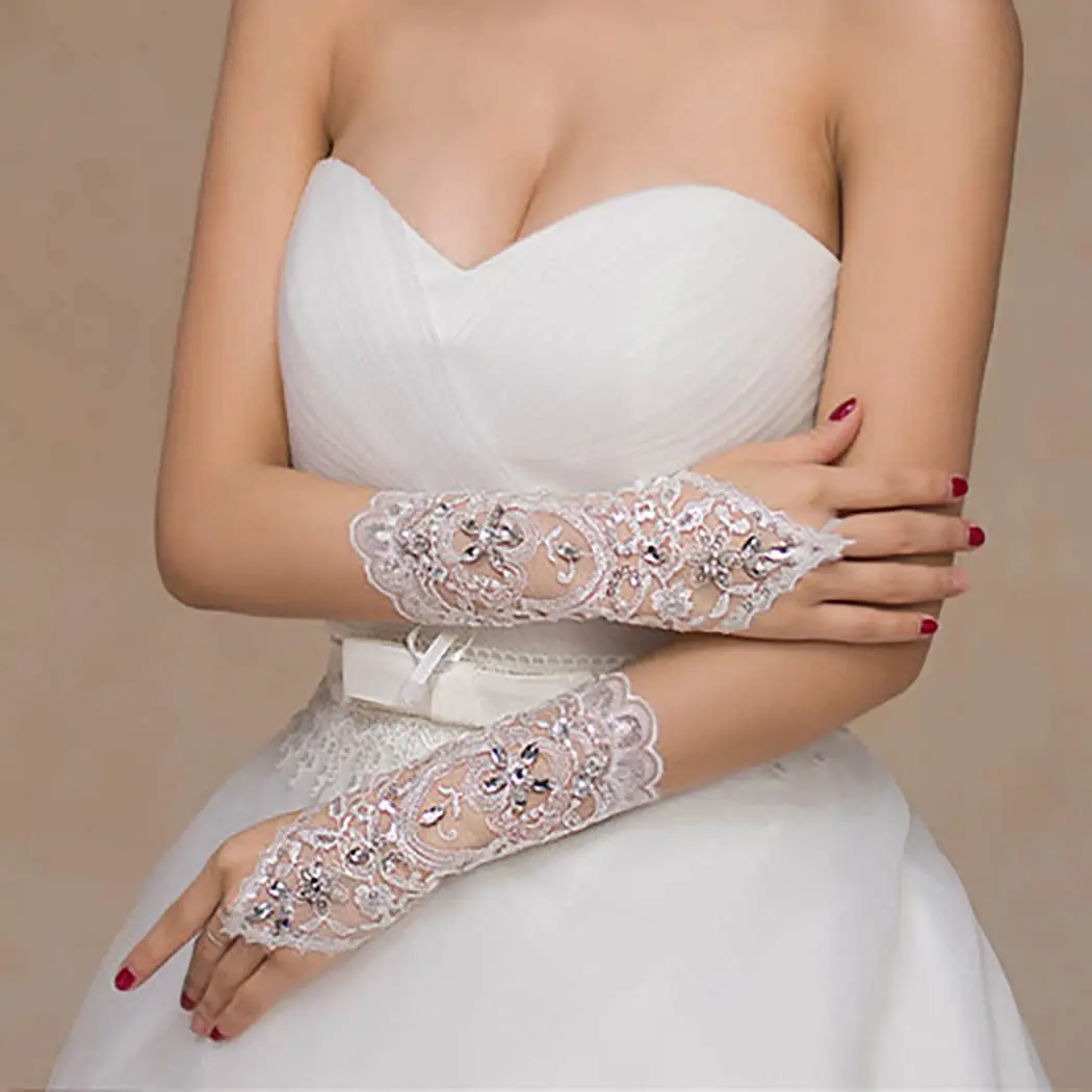 Guantes de Novia de encaje sin dedos para mujer y niña, guantes de novia con diamantes de imitación, guantes de encaje corto Floral, fiesta de graduación