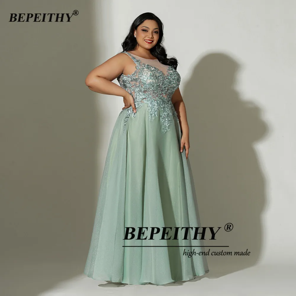 BEPEITHY, vestidos de noche largos personalizados, fiesta elegante para mujeres curvadas, sin mangas, encaje hasta el suelo, vestido de graduación verde de talla grande