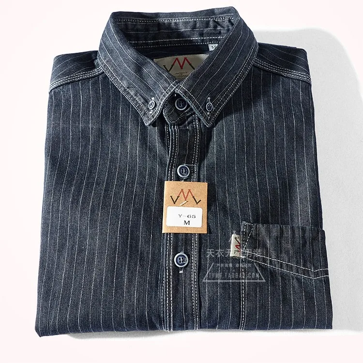 Camisa vaquera a rayas Retro americana para hombre, abrigo informal de manga larga con bolsillo, Algodón puro lavado, a la moda, novedad de otoño, 2021